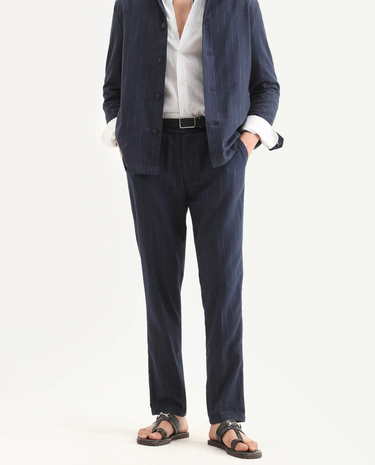 Rare Rabbit Men's Jlo-Ss26 Navy Linen Blend Fabric Regular Fit Striped Trouser