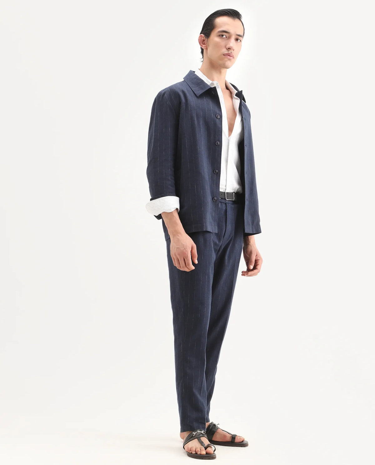 Rare Rabbit Men's Jlo-Ss26 Navy Linen Blend Fabric Regular Fit Striped Trouser