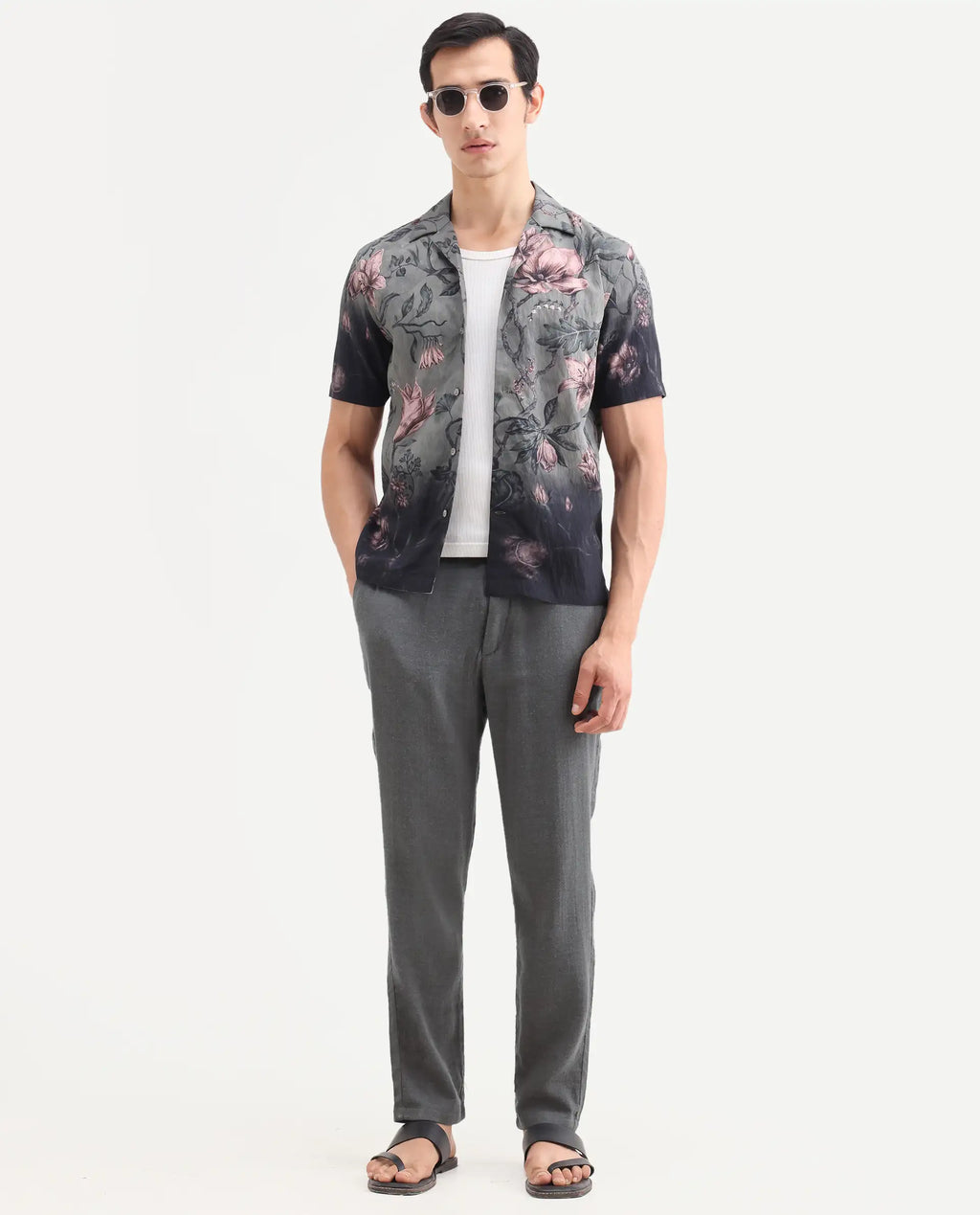 Rare Rabbit Men's Post Grey Cotton Blend Fabric Regular Fit Plain Trouser