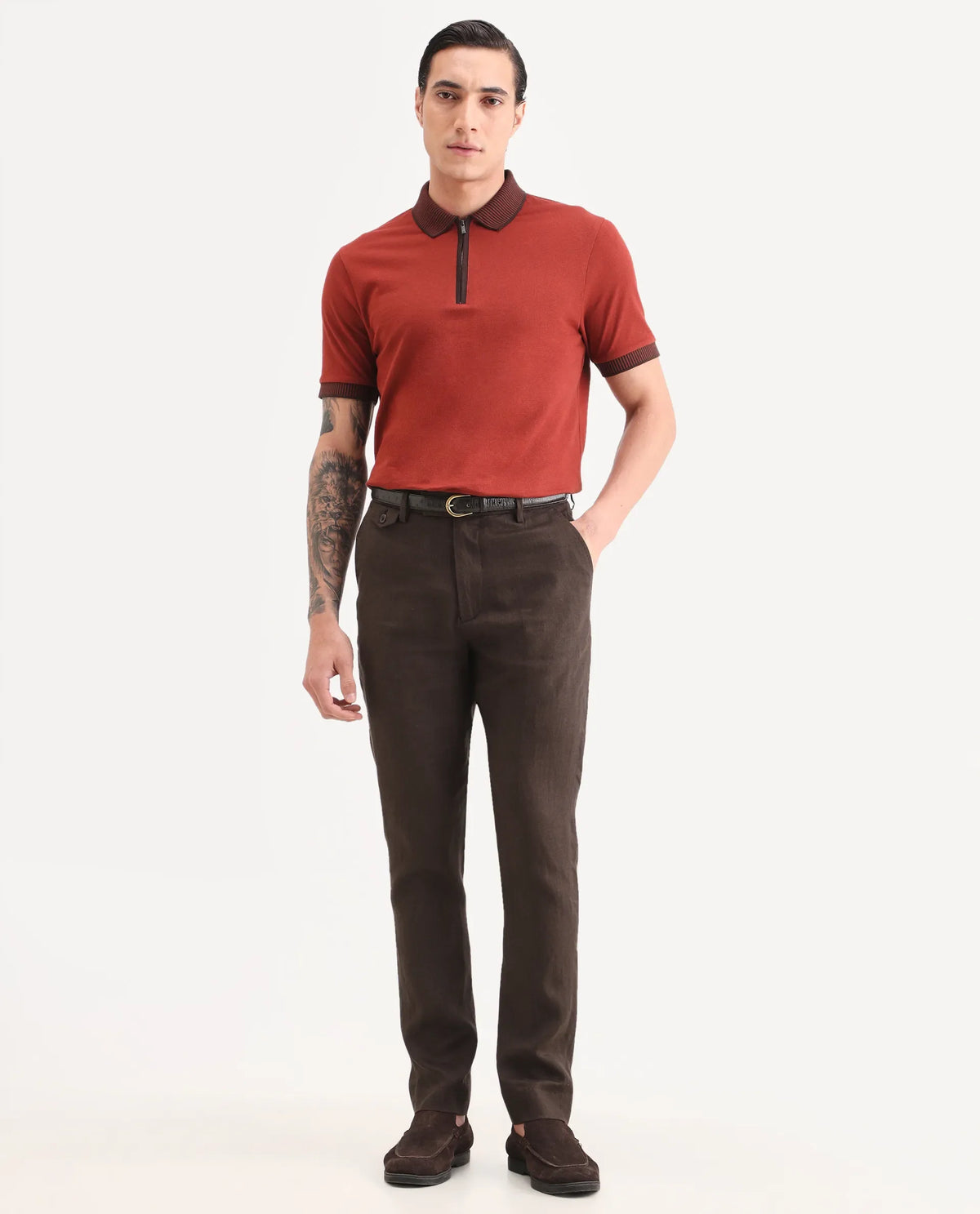 Rare Rabbit Men's Arcelo-Ss26 Dark Brown 100% Linen Fabric Regular Fit Plain Trouser