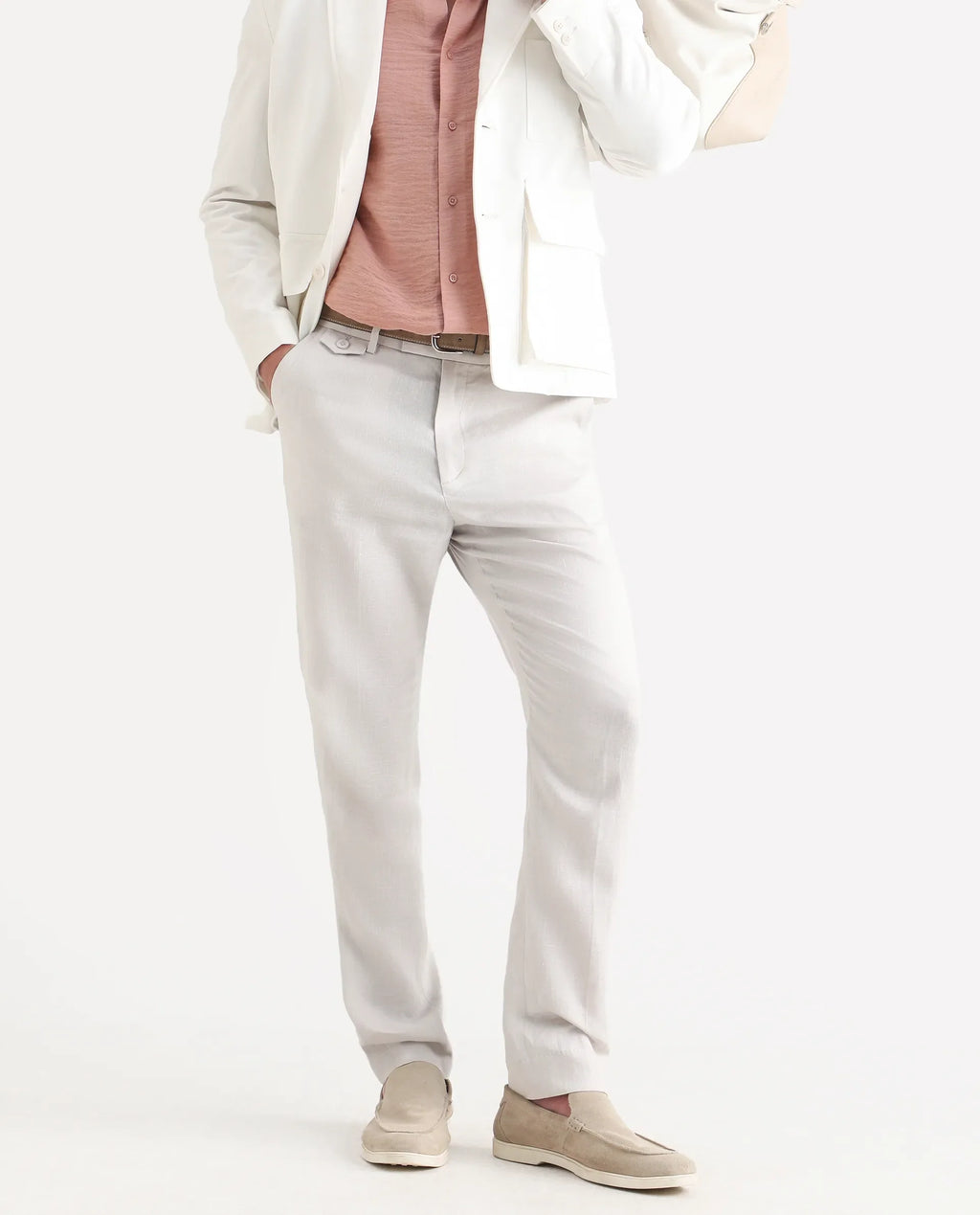 Rare Rabbit Men's Arcelo-Ss26 Off White 100% Linen Fabric Regular Fit Plain Trouser