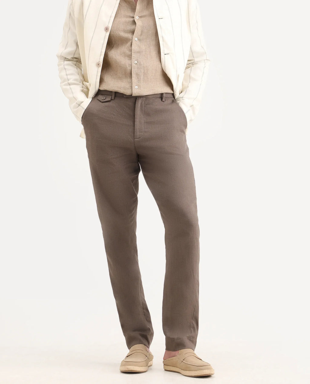 Rare Rabbit Men's Arcelo-Ss26 Light Brown 100% Linen Fabric Regular Fit Plain Trouser