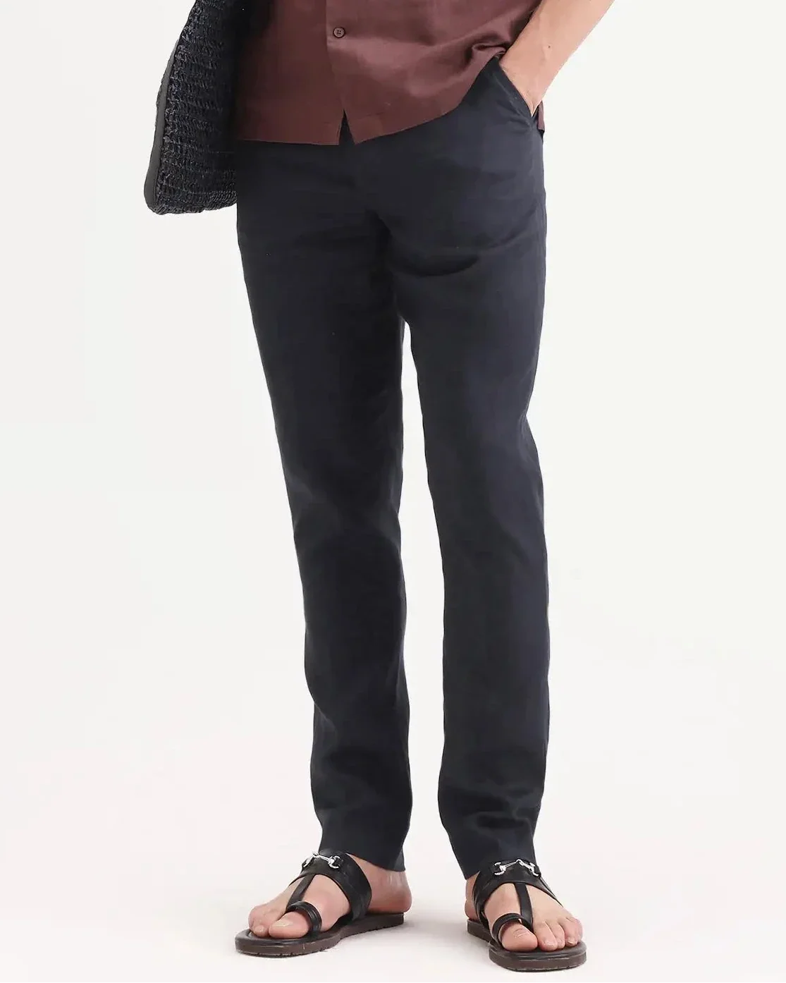 Rare Rabbit Men's Arcelo-Ss26 Dark Navy 100% Linen Fabric Regular Fit Plain Trouser