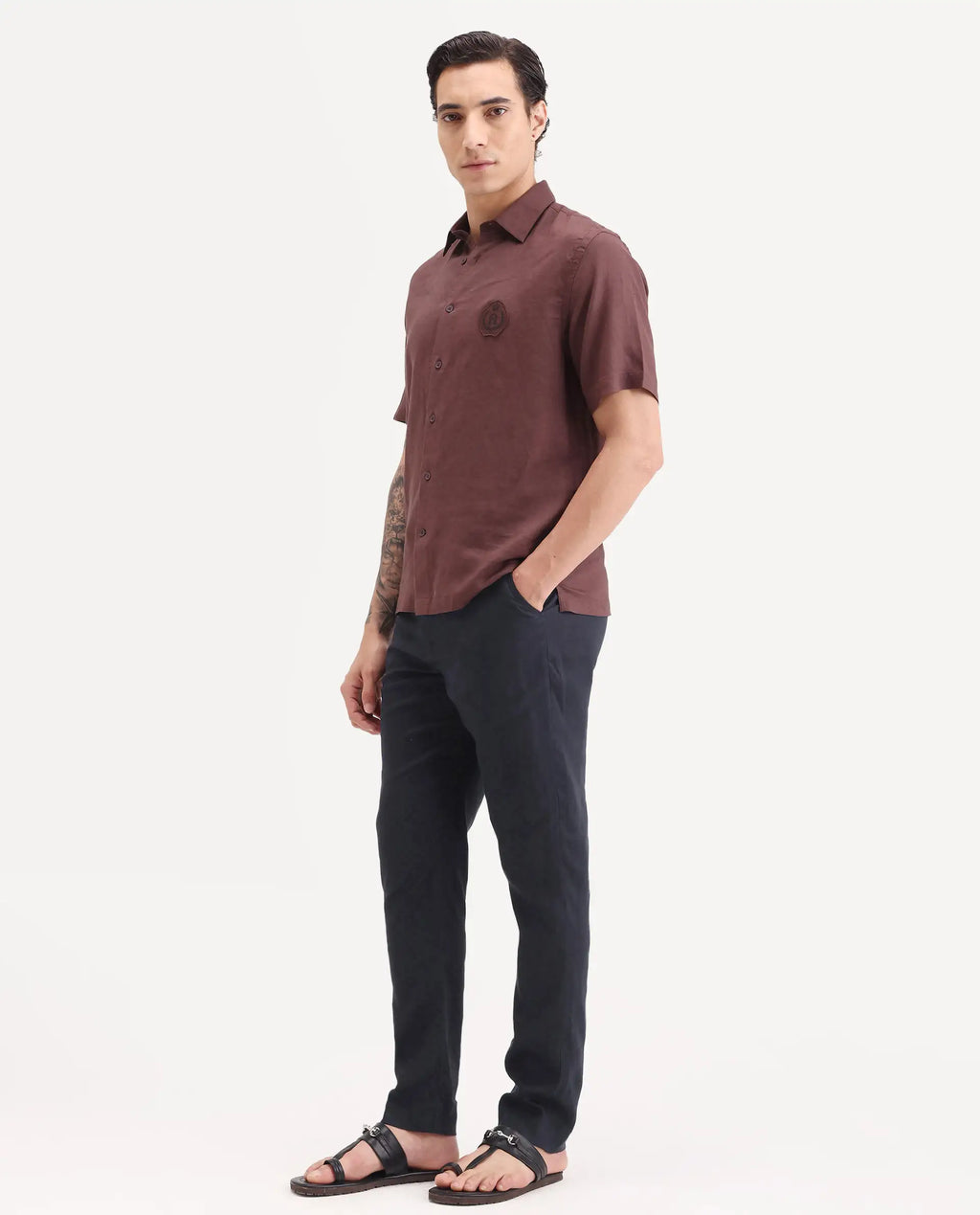 Rare Rabbit Men's Arcelo-Ss26 Dark Navy 100% Linen Fabric Regular Fit Plain Trouser