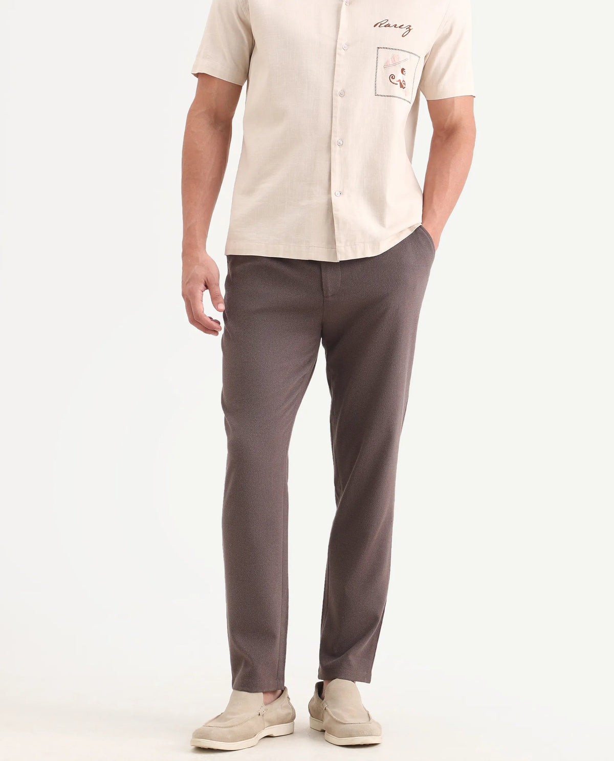 Rare Rabbit Men's Trove Dusky Brown Polyester Blend Fabric Regular Fit Textured Trouser