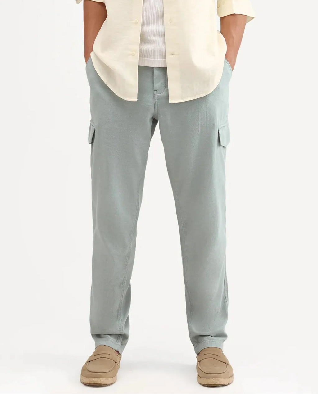 Rare Rabbit Men's Haxlr-B Dusky Green Cotton Blend Fabric Regular Fit Plain Cargo Trouser
