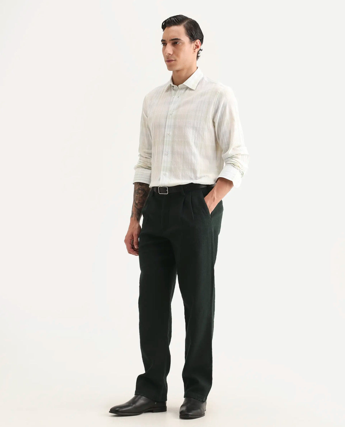 Rare Rabbit Men's Neux Dark Green Cotton Fabric Regular Fit Textured Trouser