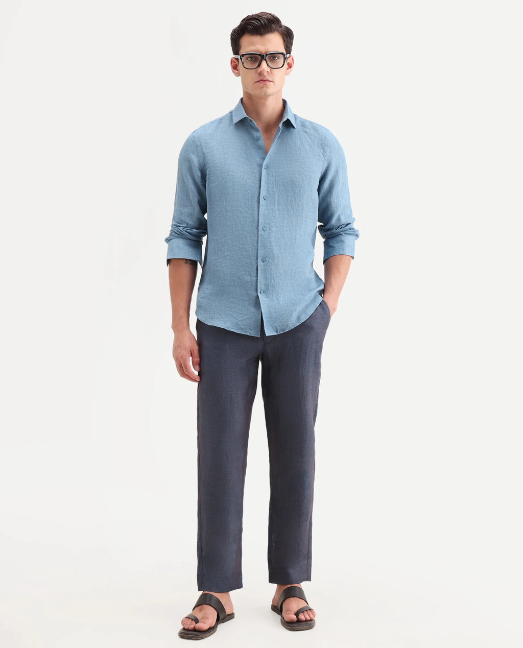 Rare Rabbit Men's Borium-T Dark Blue Linen Fabric Regular Fit Plain Trouser
