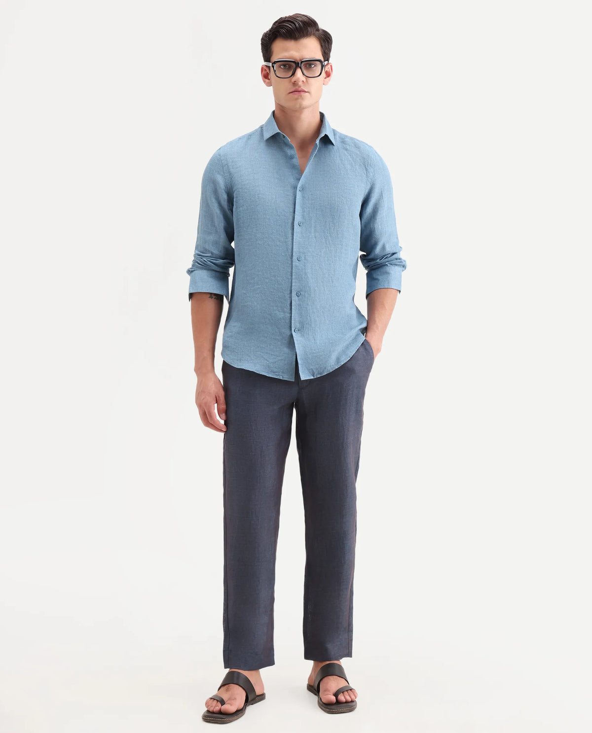 Rare Rabbit Men's Borium-T Dark Blue Linen Fabric Regular Fit Plain Trouser