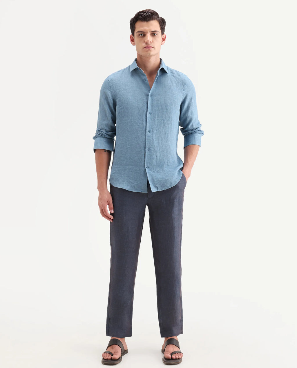 Rare Rabbit Men's Borium-T Dark Blue Linen Fabric Regular Fit Plain Trouser