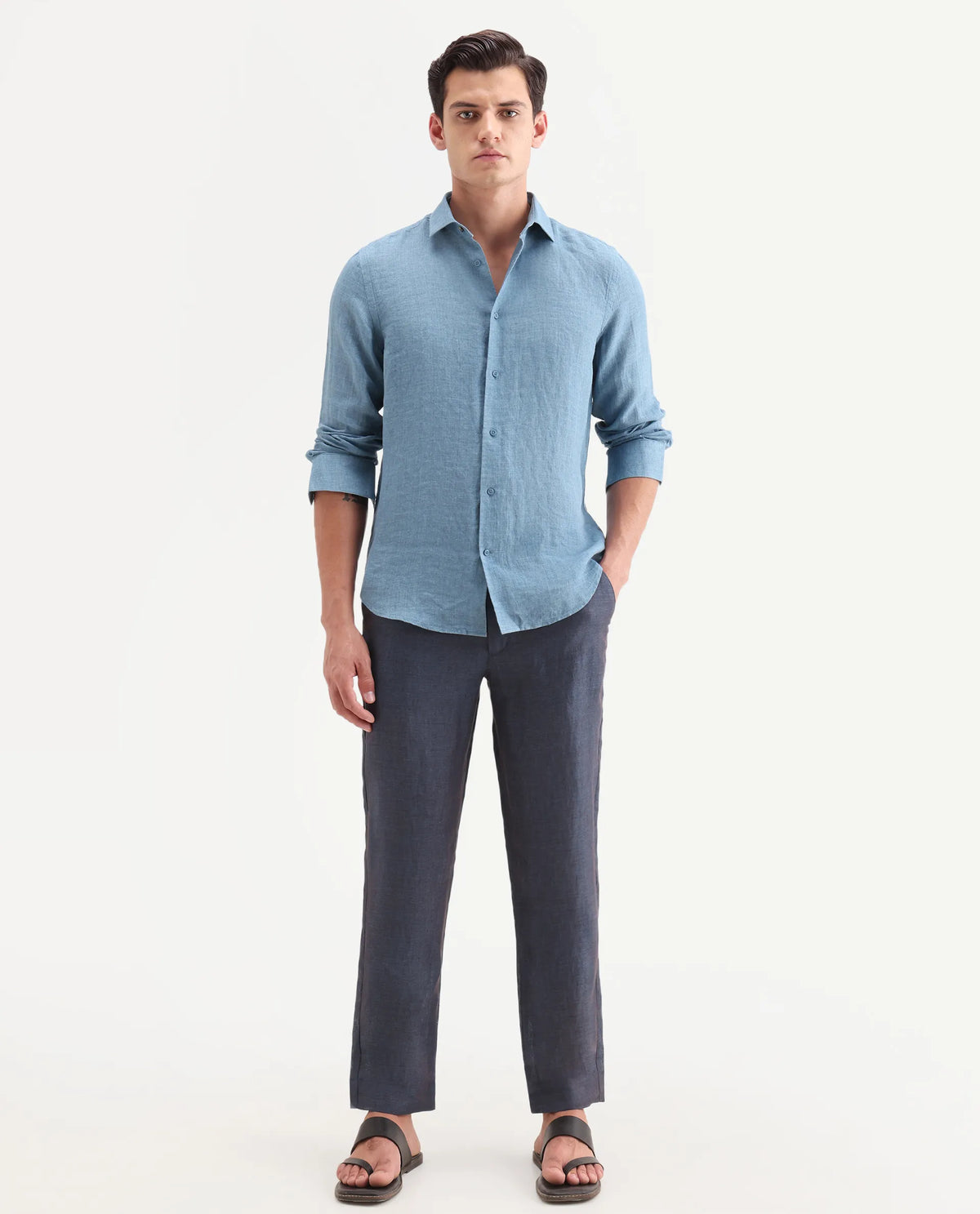 Rare Rabbit Men's Borium-T Dark Blue Linen Fabric Regular Fit Plain Trouser