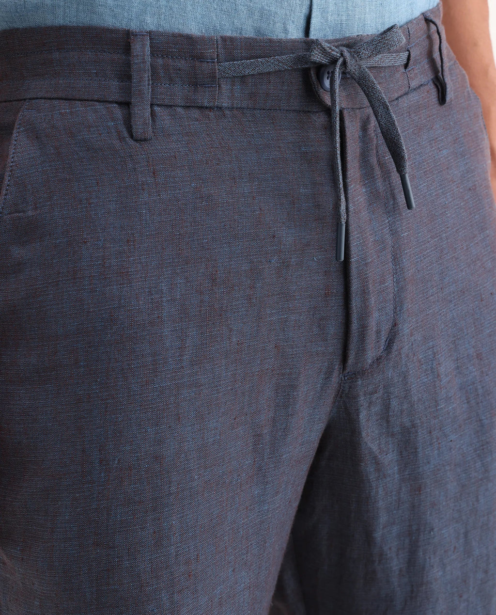 Rare Rabbit Men's Borium-T Dark Blue Linen Fabric Regular Fit Plain Trouser