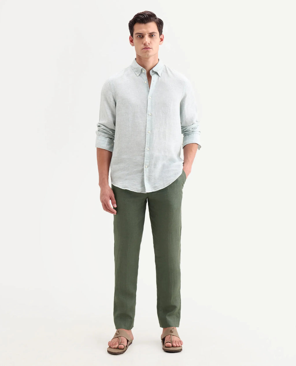 Rare Rabbit Men's Borium-T Dusky Green Linen Fabric Regular Fit Plain Trouser