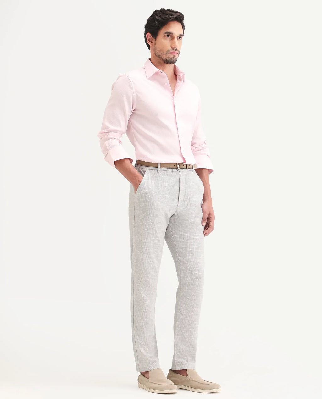 Rare Rabbit Men's Bira Grey Linen Blend Fabric Regular Fit Striped Trouser