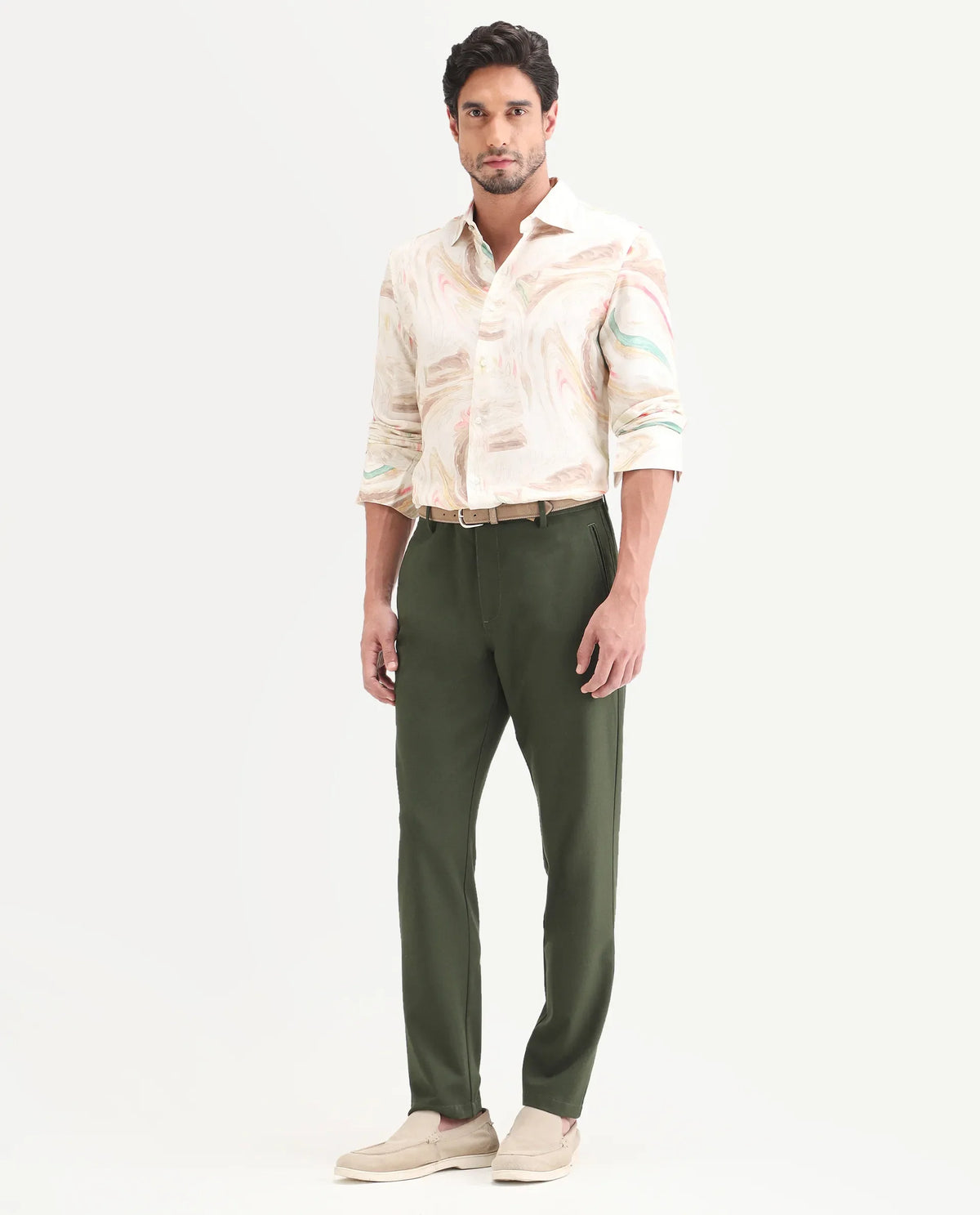 Rare Rabbit Men's Move-Ss26 Dark Olive Polyester Blend Fabric Regular Fit Plain Trouser