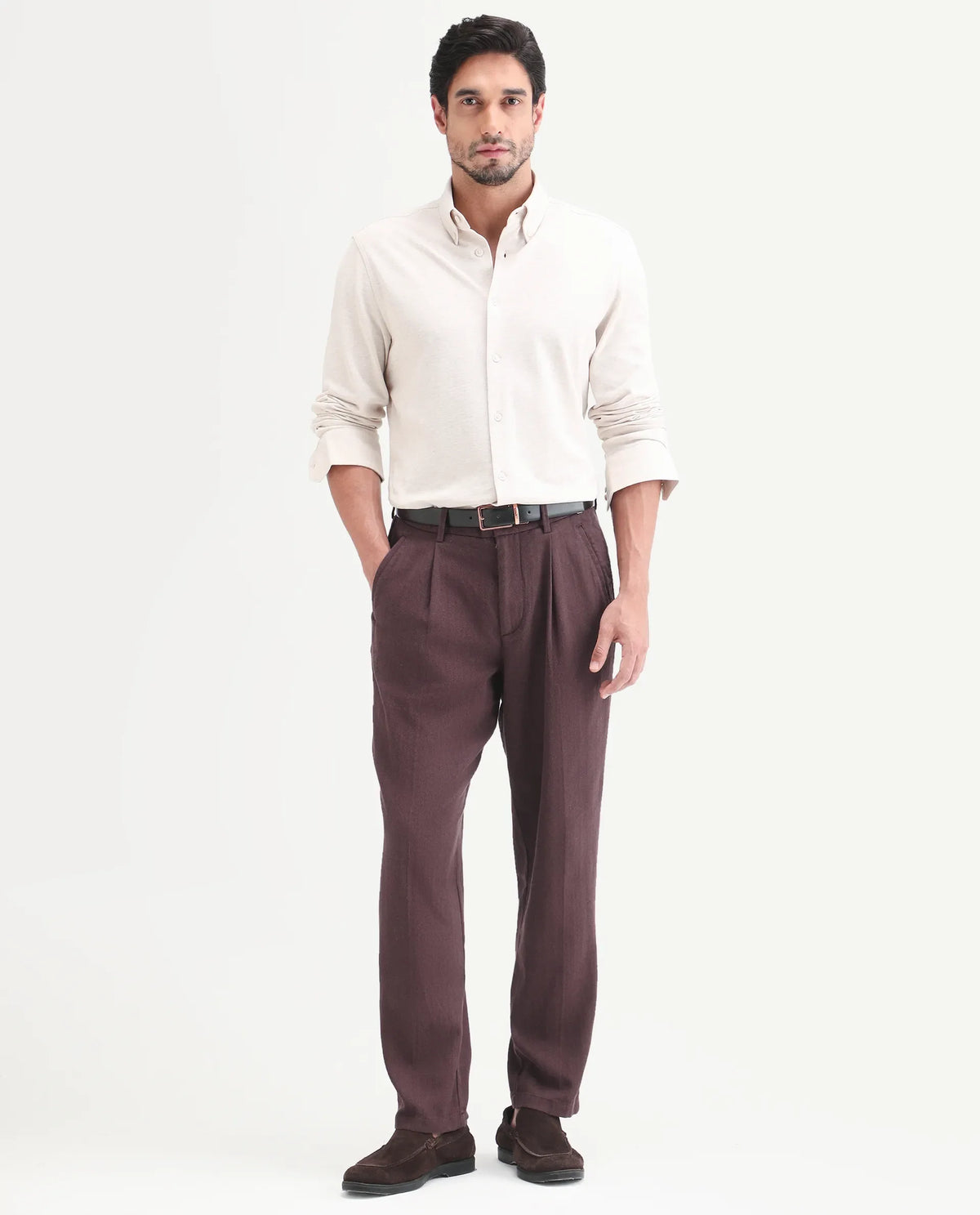 Rare Rabbit Men's Nada Brown Cotton Fabric Relaxed Plain Trouser