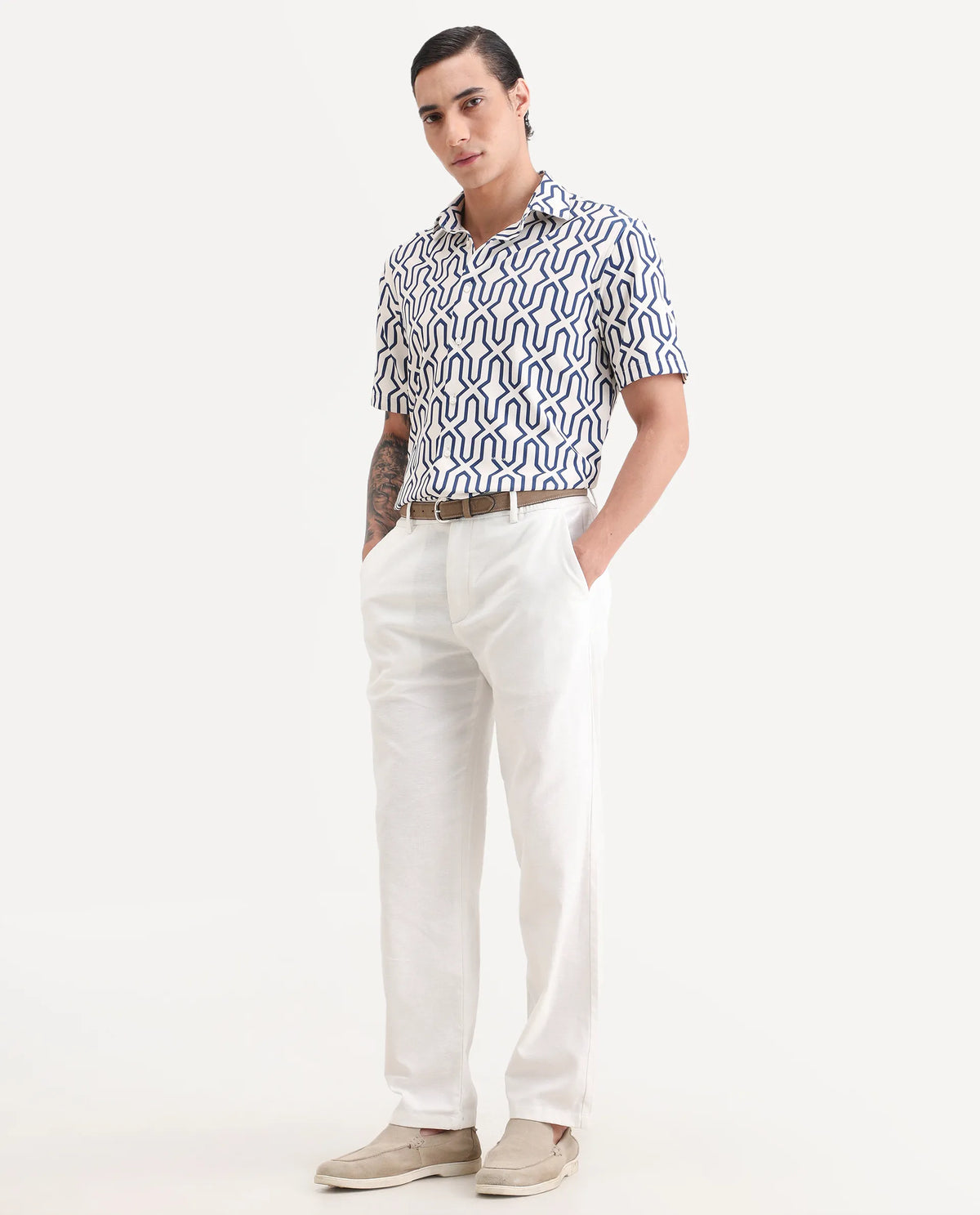 Rare Rabbit Men's Liao White Linen Blend Fabric Straight Fit Plain Trouser