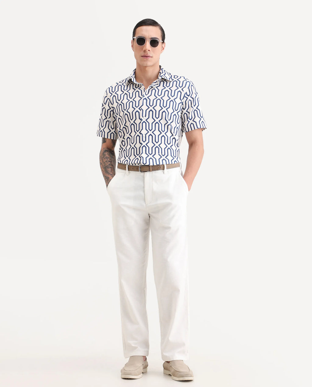 Rare Rabbit Men's Liao White Linen Blend Fabric Straight Fit Plain Trouser