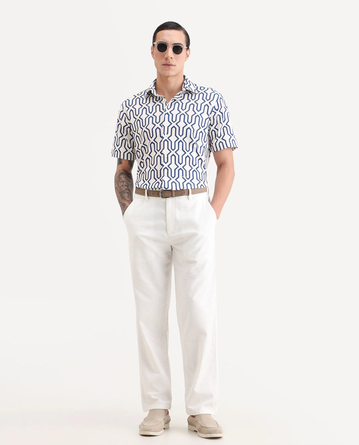 Rare Rabbit Men's Liao White Linen Blend Fabric Straight Fit Plain Trouser
