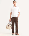 Rare Rabbit Men's Liao Dark Brown Linen Blend Fabric Straight Fit Plain Trouser