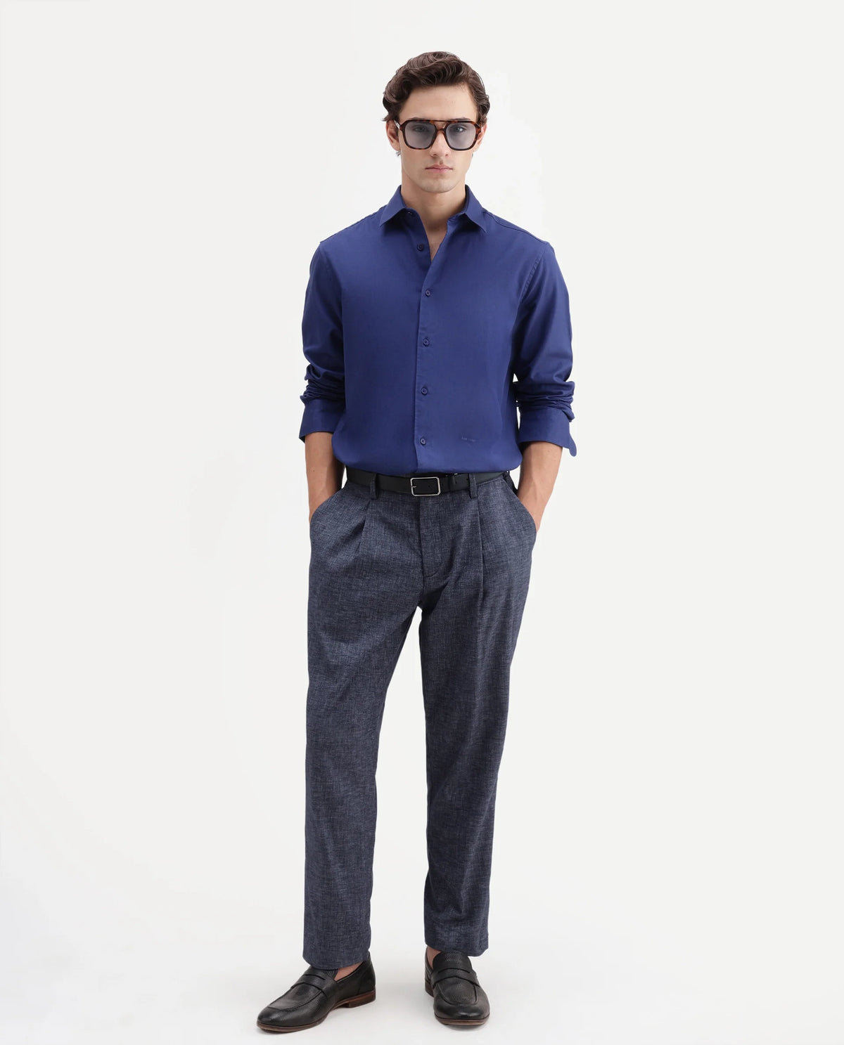 Rare Rabbit Men's Cami Dark Blue Cotton Blend Fabric Regular Fit Plain Trouser