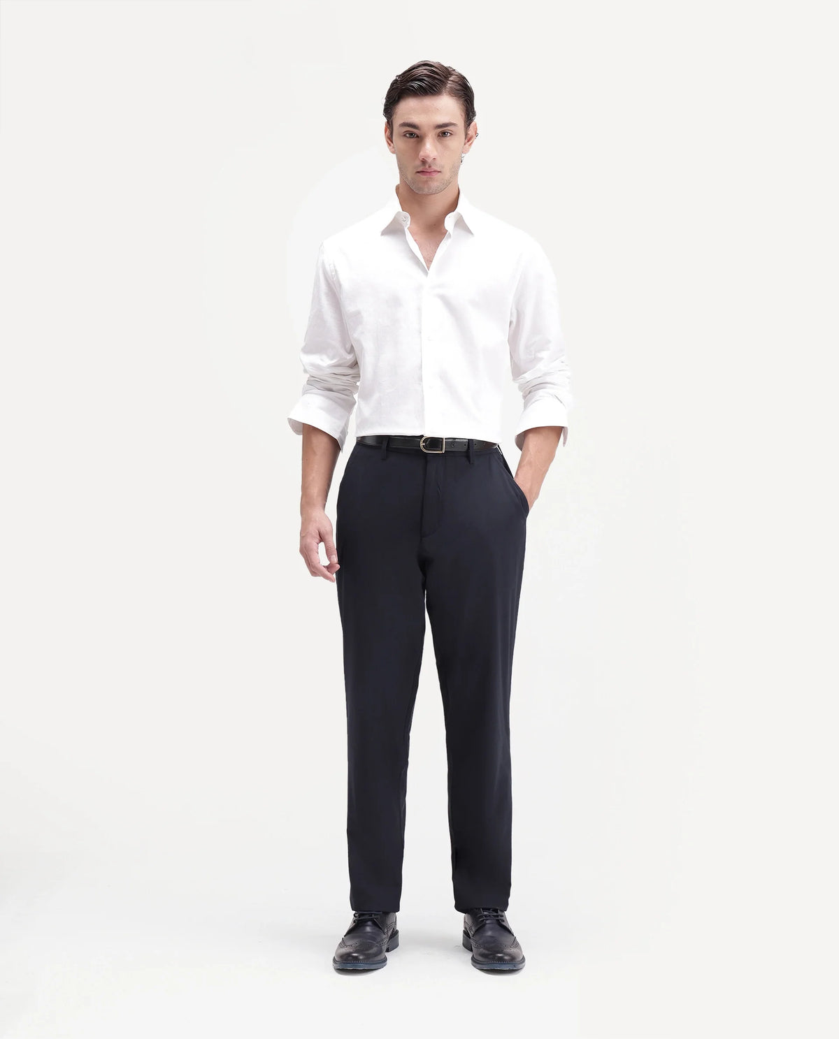 Rare Rabbit Men's Edom-B Navy Polyester Blend Fabric Regular Fit Plain Trouser