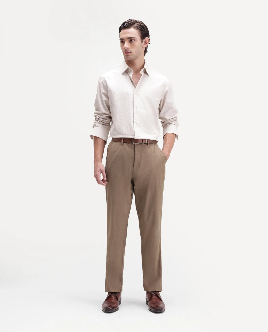 Rare Rabbit Men's Edom-B Light Brown Polyester Blend Fabric Regular Fit Plain Trouser