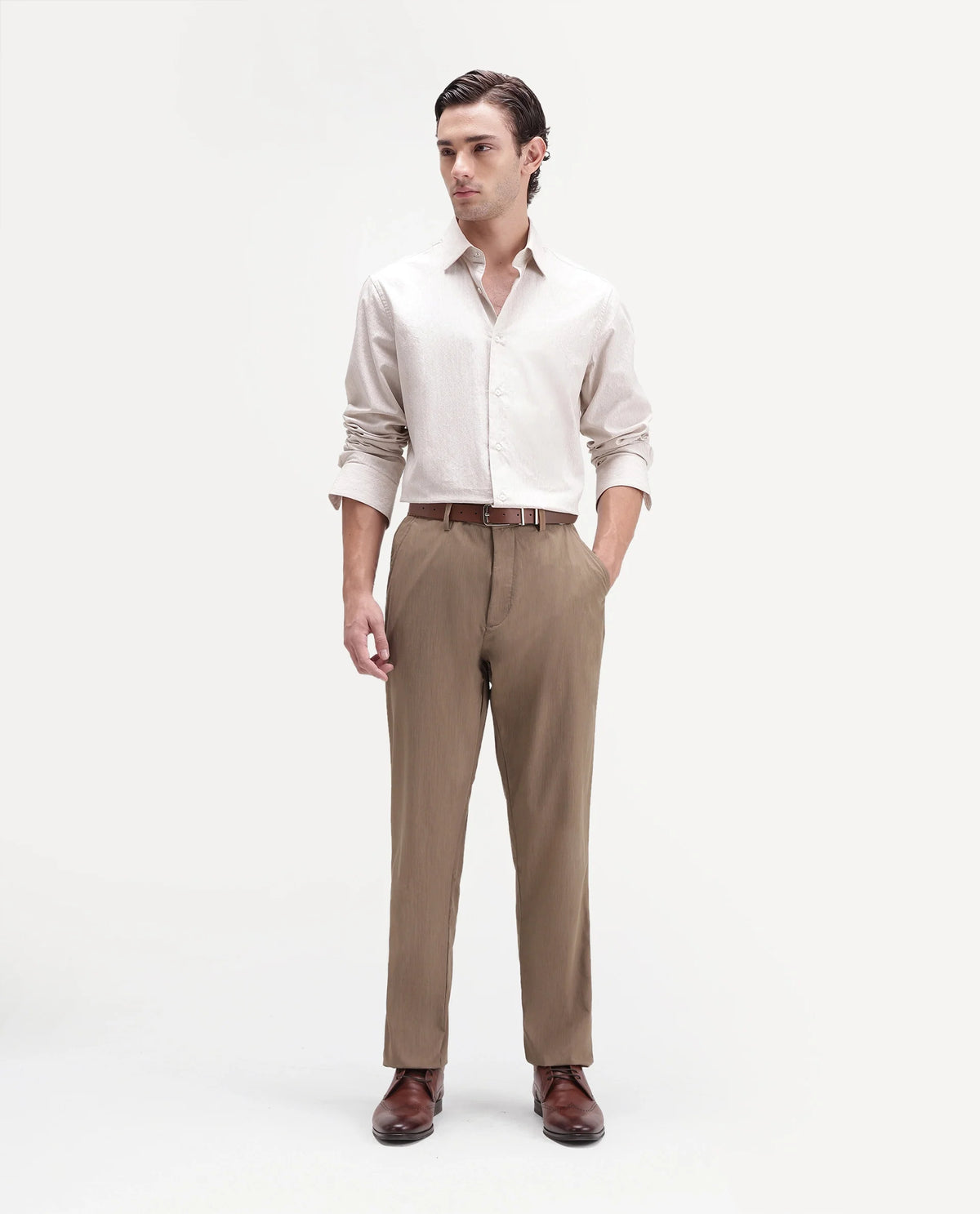 Rare Rabbit Men's Edom-B Light Brown Polyester Blend Fabric Regular Fit Plain Trouser