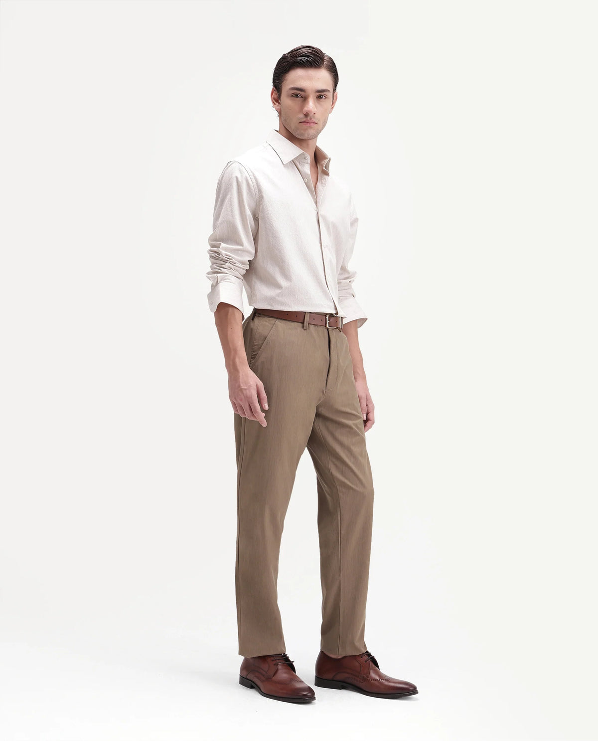 Rare Rabbit Men's Edom-B Light Brown Polyester Blend Fabric Regular Fit Plain Trouser