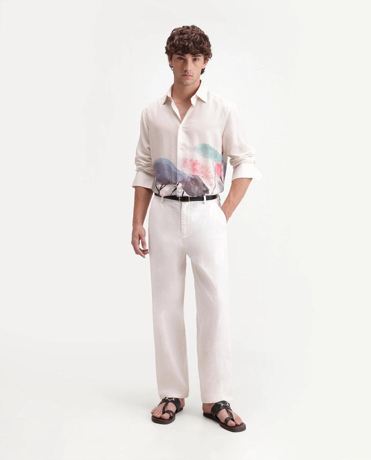 Rare Rabbit Men's Forge White Linen Blend Fabric Regular Fit Plain Trouser