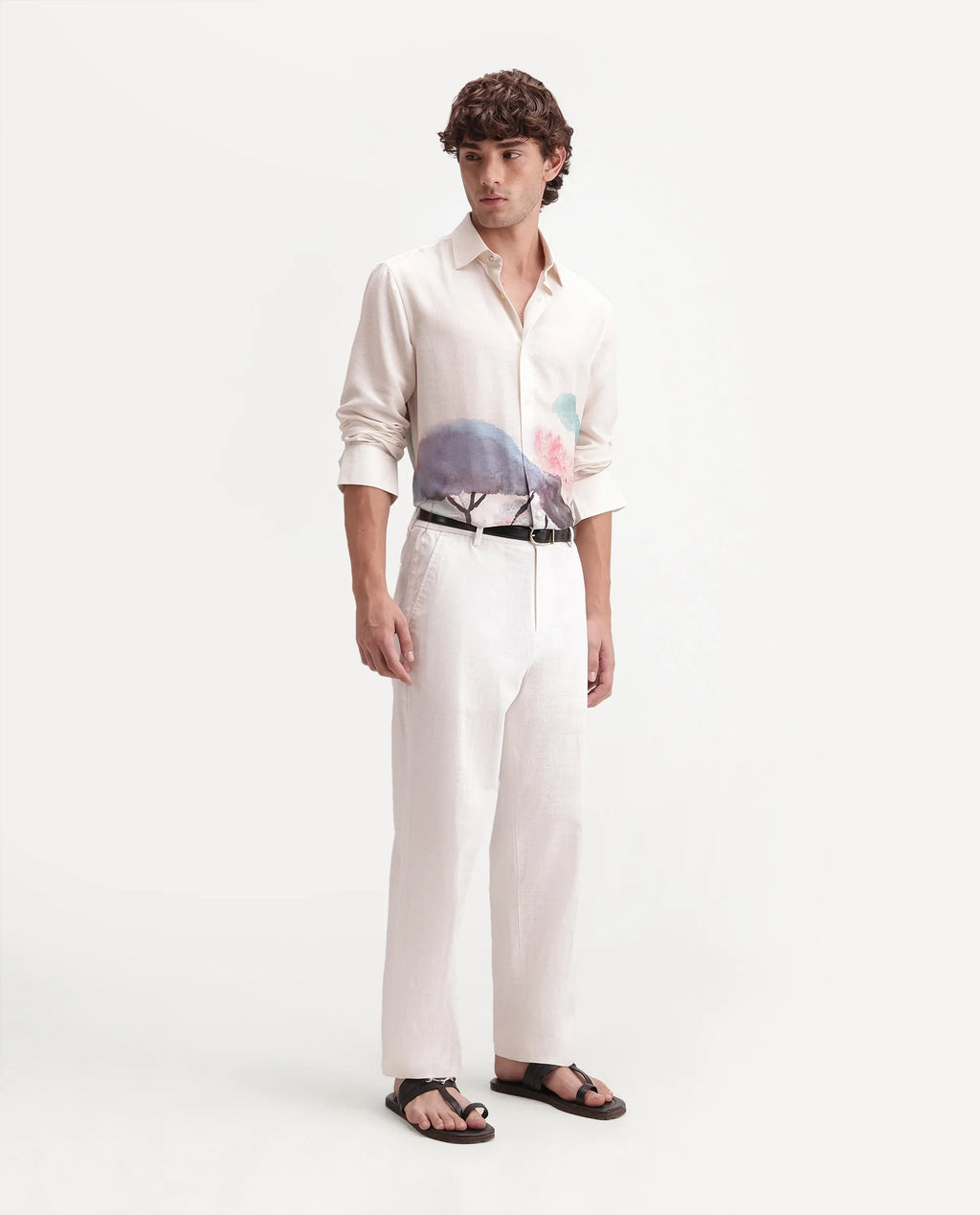 Rare Rabbit Men's Forge White Linen Blend Fabric Regular Fit Plain Trouser