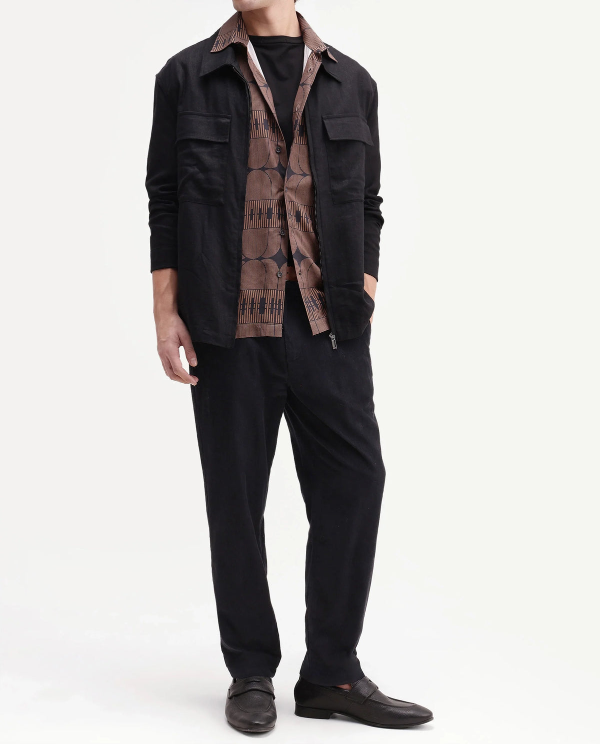 Rare Rabbit Men's Chans Black Cotton Straight Fit Length Plain Trouser