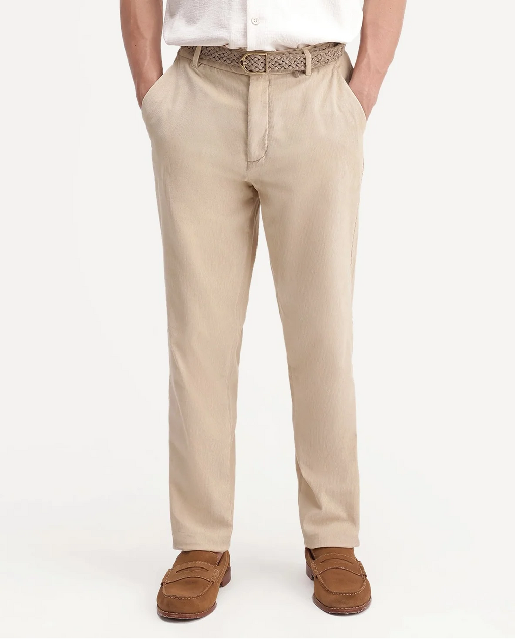Rare Rabbit Men's Chans Beige Cotton Straight Fit Length Plain Trouser