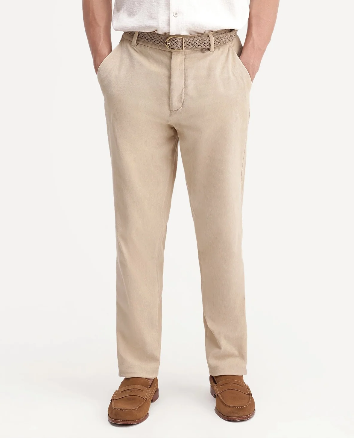 Rare Rabbit Men's Chans Beige Cotton Straight Fit Length Plain Trouser