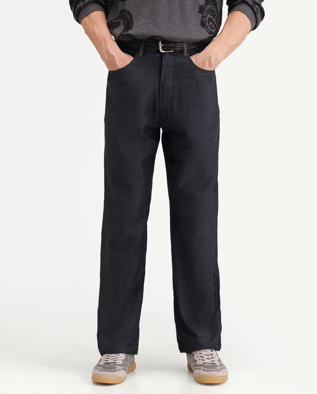 Rare Rabbit Men's Widow-B Black Cotton Blend Fabric Regular Fit Plain Trouser