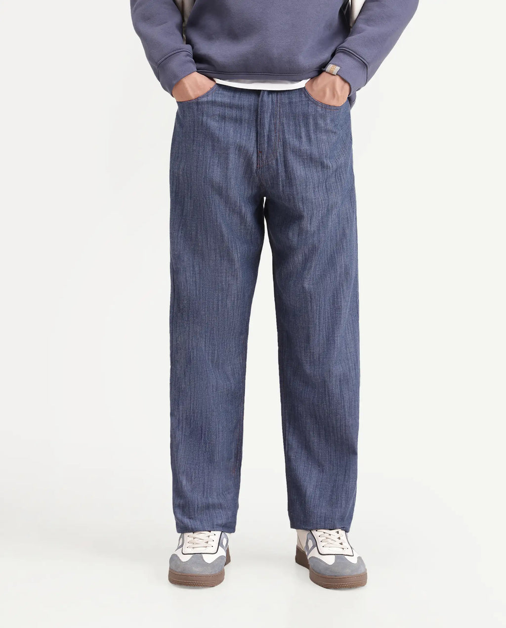 Rare Rabbit Men's Bettle-B Dark Blue Cotton Blend Fabric Regular Fit Plain Trouser