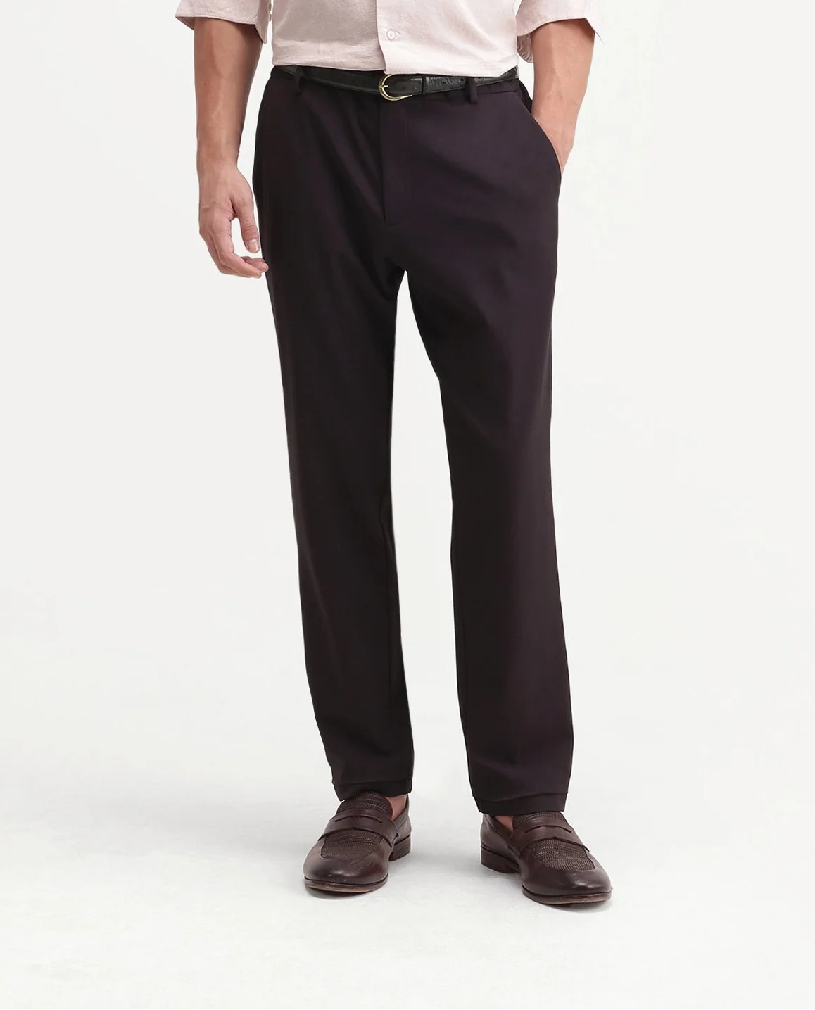 Rare Rabbit Men's Travel-Aw26 Dark Maroon Polyester Blend Fabric Regular Fit Plain Trouser