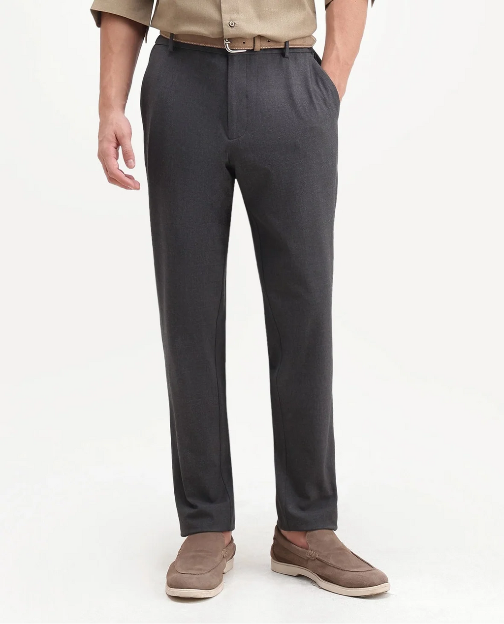 Rare Rabbit Men's Travel-Aw26 Grey Polyester Blend Fabric Regular Fit Plain Trouser