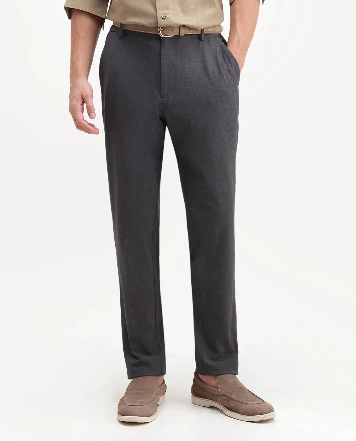 Rare Rabbit Men's Travel-Aw26 Grey Polyester Blend Fabric Regular Fit Plain Trouser
