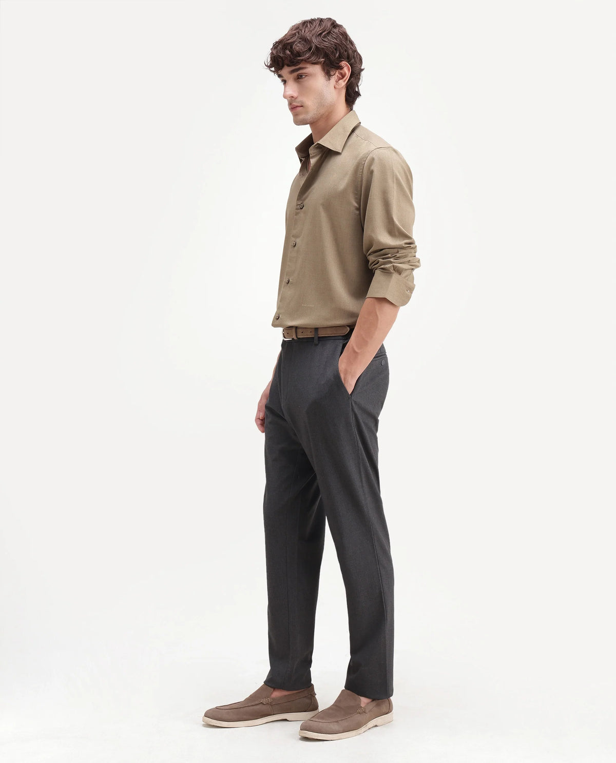Rare Rabbit Men's Travel-Aw26 Grey Polyester Blend Fabric Regular Fit Plain Trouser