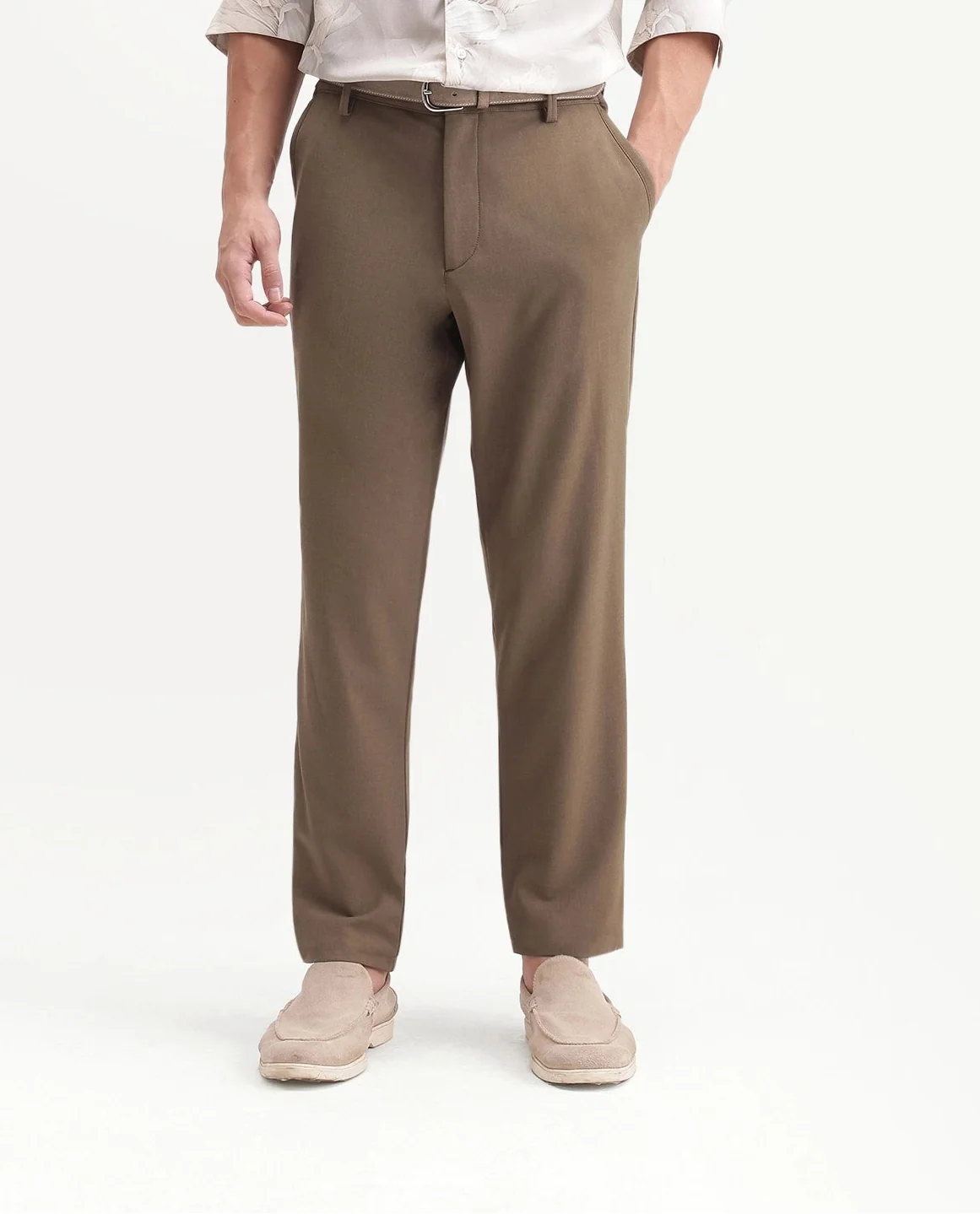Rare Rabbit Men's Driver-Aw26 Light Khaki Polyester Blend Fabric Regular Fit Plain Trouser