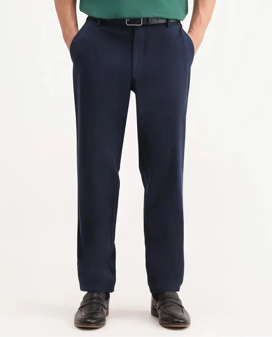Rare Rabbit Men's Travel-Aw26 Navy Polyester Blend Fabric Regular Fit Plain Trouser