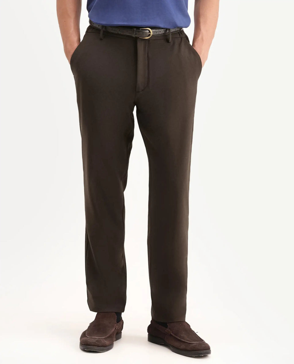 Rare Rabbit Men's Travel-Aw26 Dark Brown Polyester Blend Fabric Regular Fit Plain Trouser