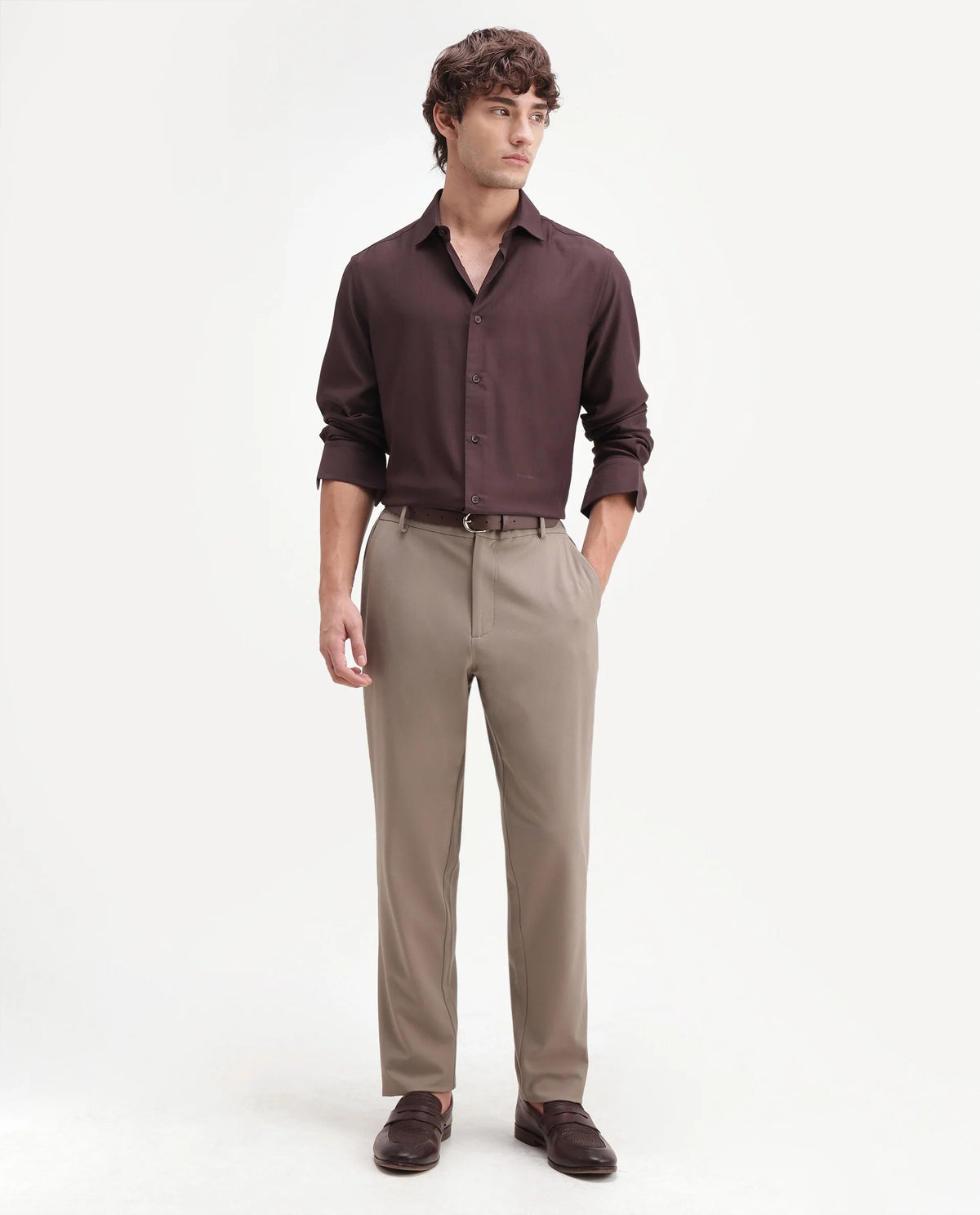 Rare Rabbit Men's Travel-Aw26 Dark Beige Polyester Blend Fabric Regular Fit Plain Trouser