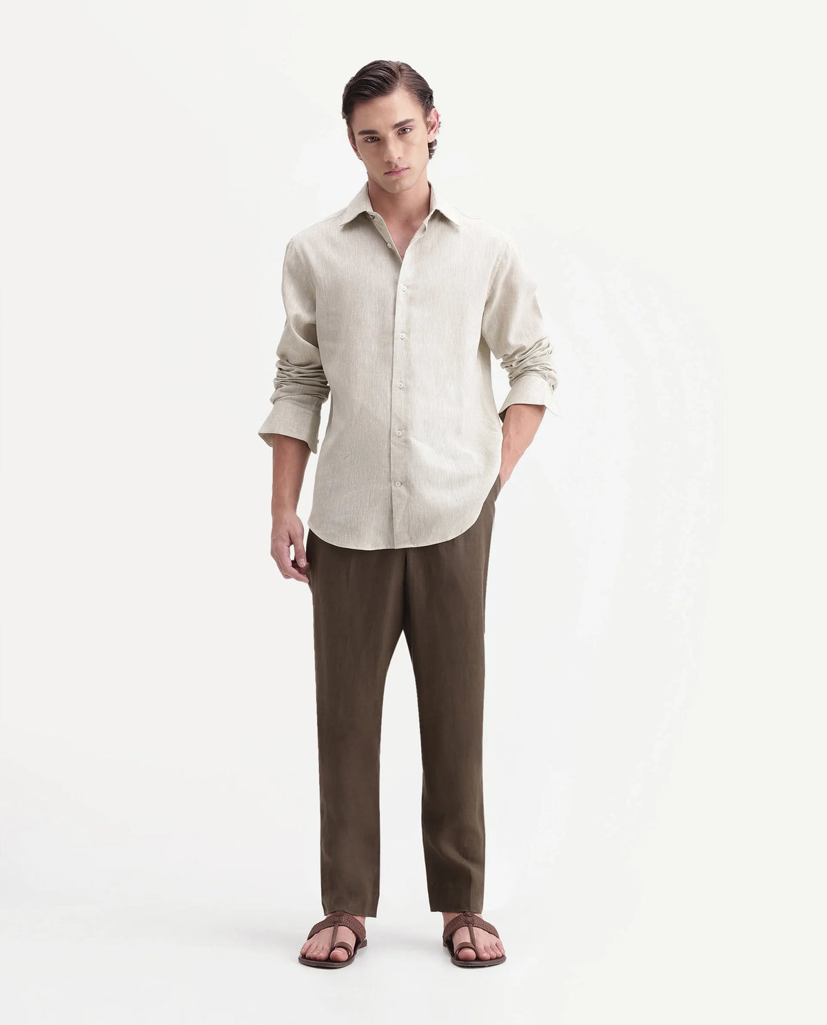 Rare Rabbit Men's Arcelo-A26 Olive 100% Linen Regular Fit Plain Trouser