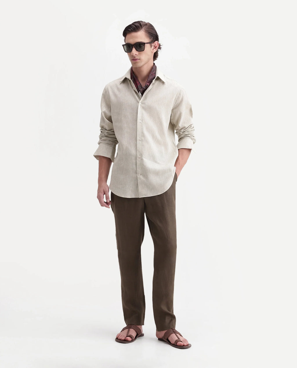 Rare Rabbit Men's Arcelo-A26 Olive 100% Linen Regular Fit Plain Trouser