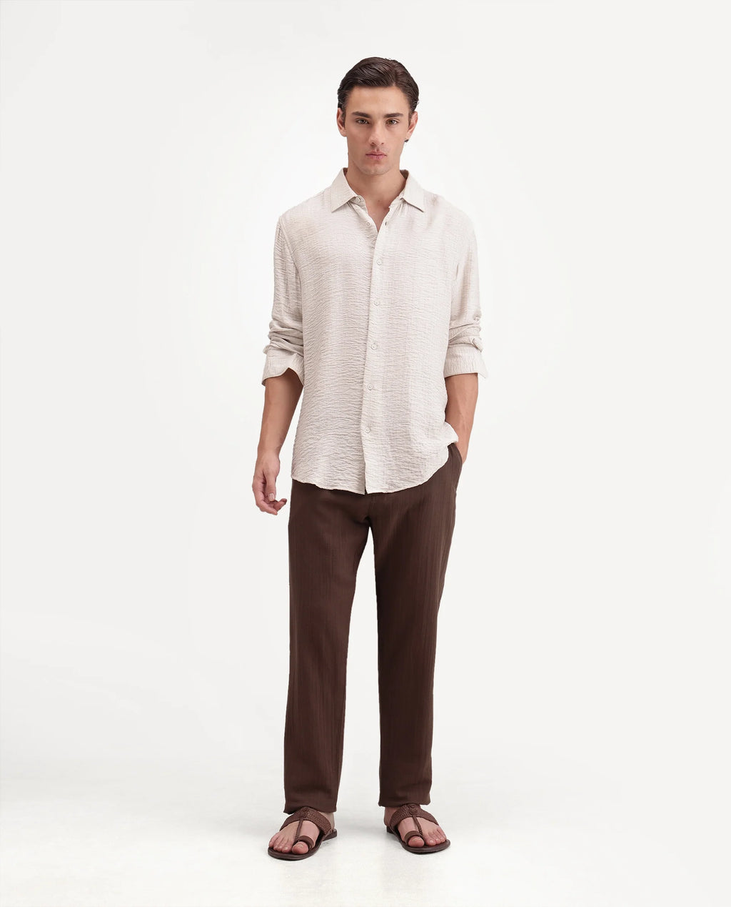 Rare Rabbit Men's Pastor-Aw26 Primary Brown Cotton Button And Zip Regular Plain Trouser