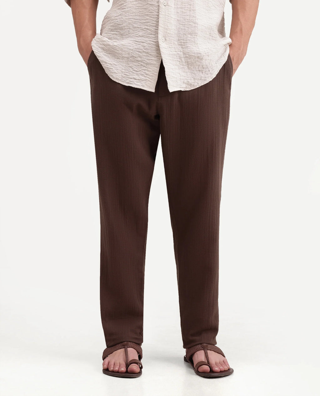 Rare Rabbit Men's Pastor-Aw26 Primary Brown Cotton Button And Zip Regular Plain Trouser