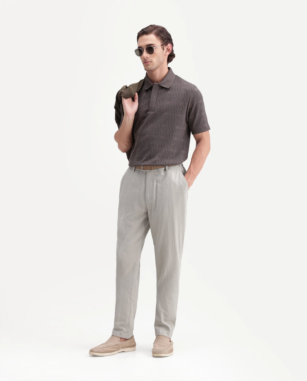 Rare Rabbit Men's Jlo-A26 Light Green Linen Blend Button And Zip Regular Striped Trouser