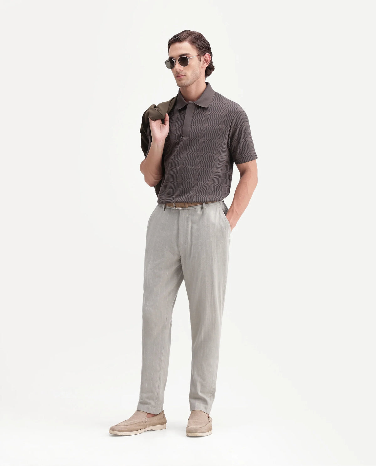Rare Rabbit Men's Jlo-A26 Light Green Linen Blend Button And Zip Regular Striped Trouser
